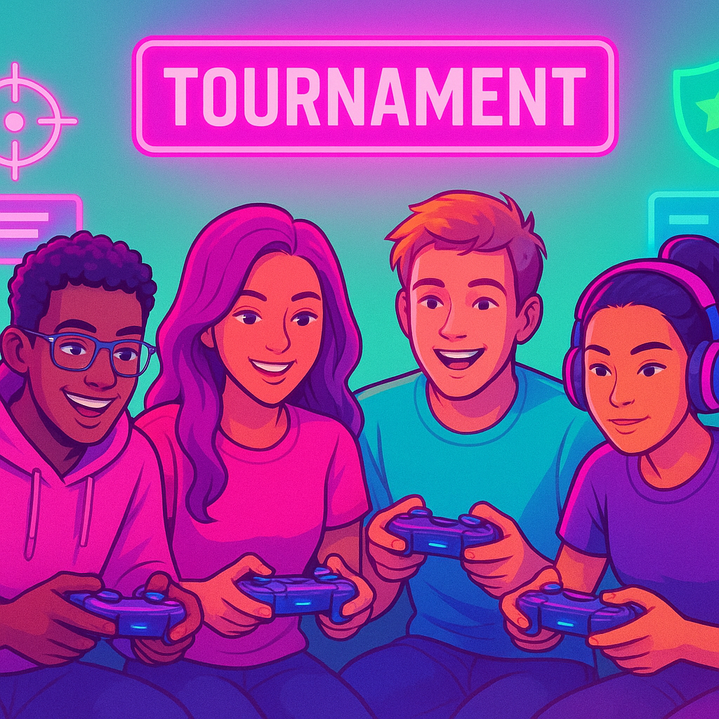 ArcadeFoundry hero: neon-styled party of players around controllers and HUD overlays